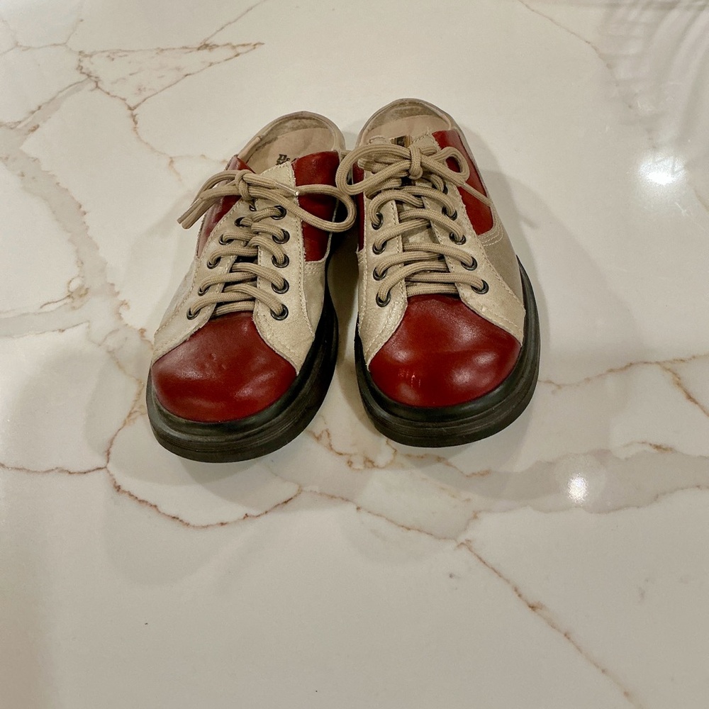 Dr. Martens Red and Beige Mules